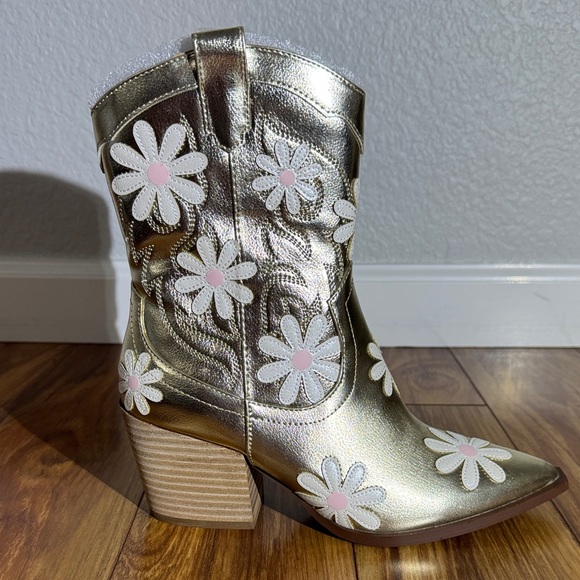 Betsey Johnson Shoes - Betsey Johnson Women’s Teddy Gold Heeled Boots with Floral Design